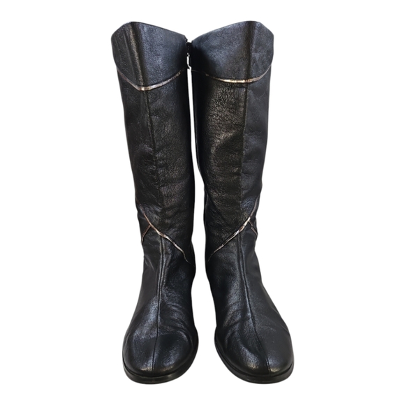 Nina Dolls Black Leather Flat Boots W/ Silver Trim Vintage Y2K Size 7 - Picture 3 of 12